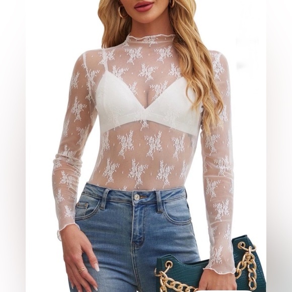 Nwot White Lace See Through Floral Long Sleeve Layering Top Size 2xl